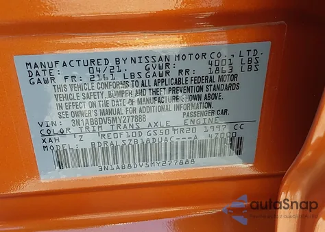 2021 Nissan Sentra Sr Xtronic Cvt z USA, uszkodzony, nr VIN 3N1AB8DV5MY277888